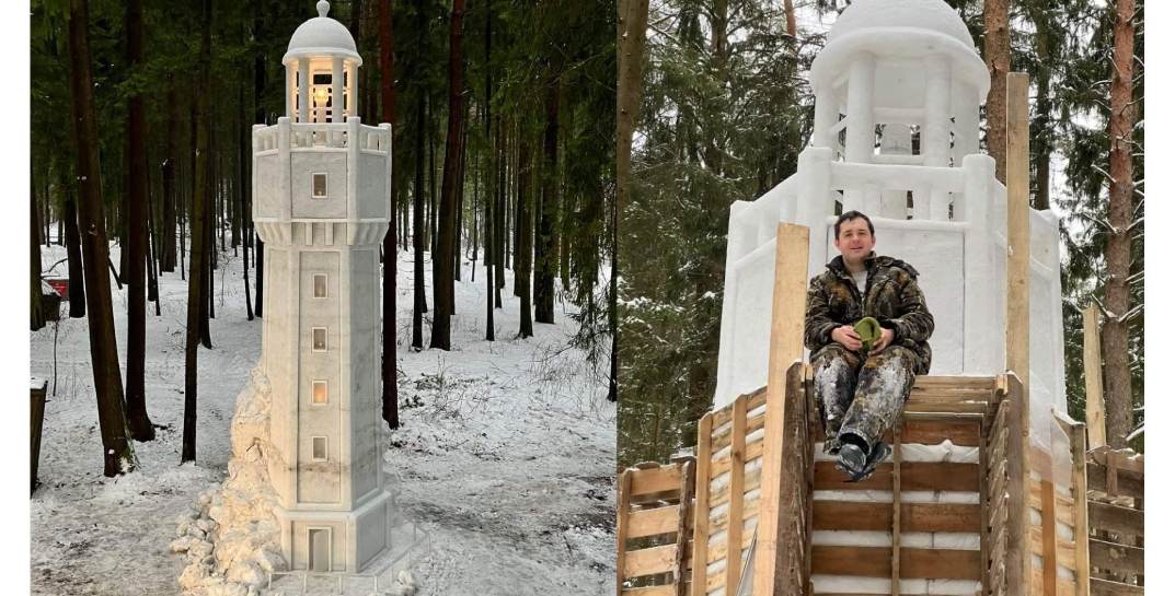 В Могилевском районе появился ещё один шедевр из снега — маяк на скале