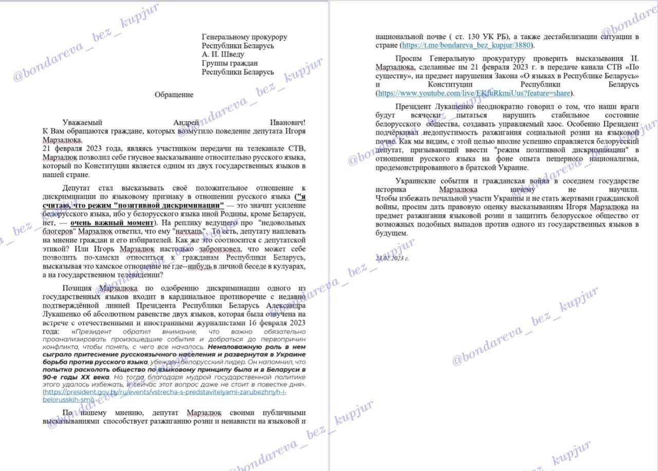 Блогерша написала на могилевского депутата Марзалюка жалобу в Генпрокуратуру: требует проверить его «гнусные» слова в защиту белорусского языка