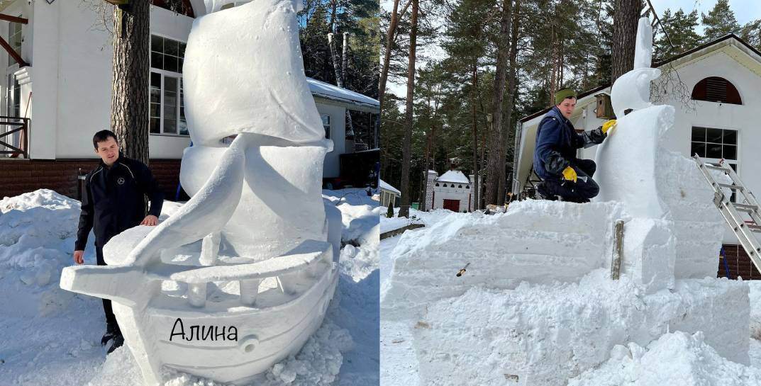 В Могилевском районе появился еще один шедевр из снега — парусник в поддержку тяжело больной девушки