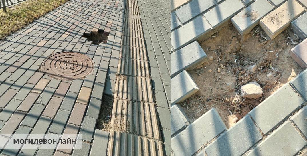 «Этой яме уже скоро будет год. Никто не делает». Могилевчане жалуются на состояние пешеходной дорожки на улице Космонавтов
