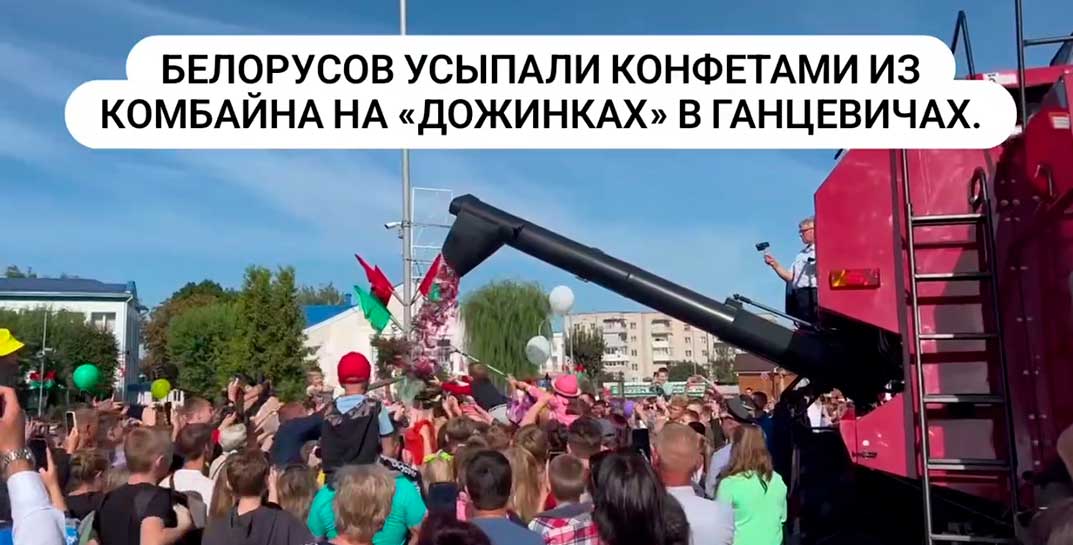 Привет с «Дожинок»: в Ганцевичах белорусам устроили конфетный дождь из… комбайна