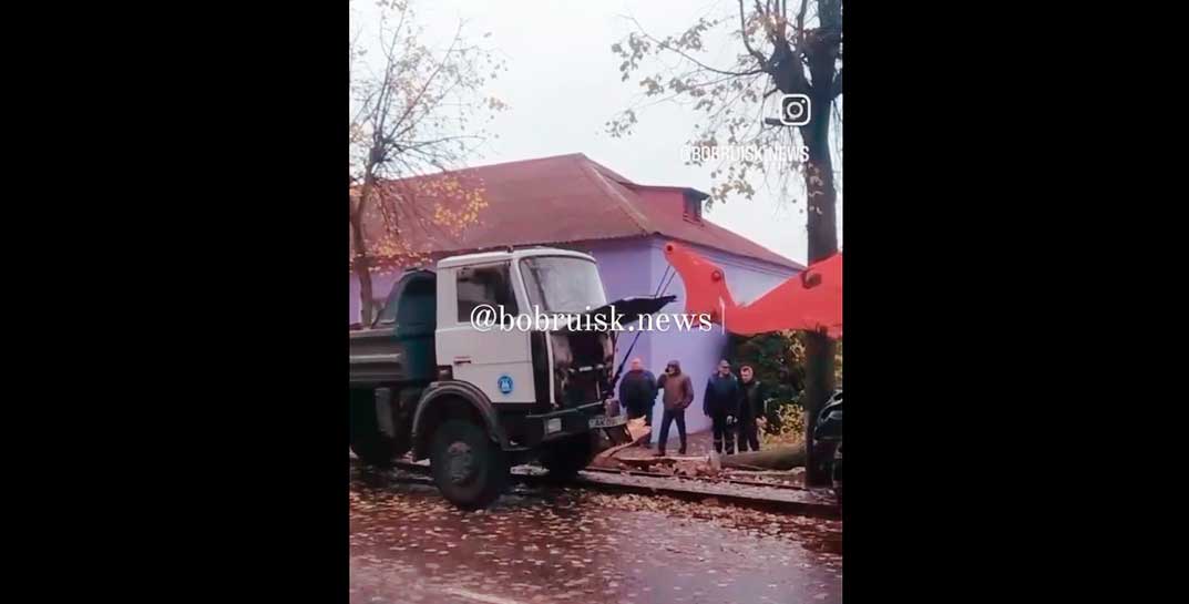 Автомобиль МАЗ набедокурил сегодня в Бобруйске — машина снесла фонари и дерево. Говорят — водителю стало плохо