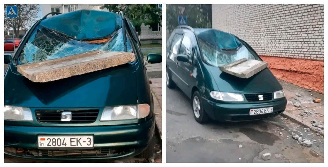 В Рогачеве сильный ветер сбросил на автомобиль… бетонную плиту с пятиэтажки