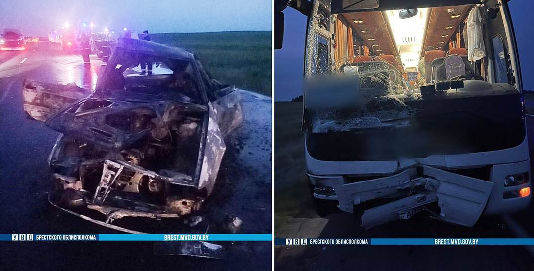 Трагическая «многоходовка» на дороге в Барановичском районе: столкнулись 2 автомобиля и автобус — один водитель сгорел в машине