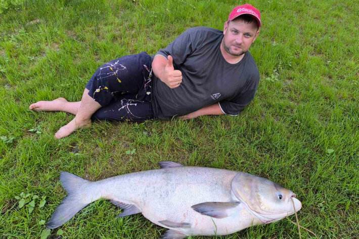 Зашкалили весы: белорус выудил из Припяти рекордного толстолобика
